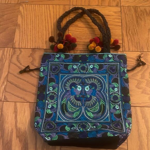 Embroidered pom pom Blue and Green Tote Bag - Picture 6 of 10